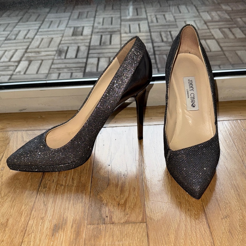 Jimmy Choo Textured Glitter Silver Heels